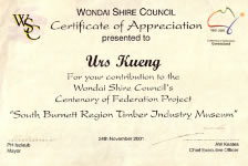 Wondai Shire Council Certificate of Appreciation